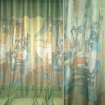 Вуаль тюль шифон фотопринт китайские девушки, зелено-коричневая, ш.275 (30150.007)
