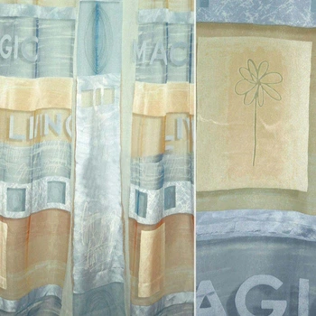 Органза деворе тюль квадраты и надписи бежево-голубая, ш.295 (37214.005)