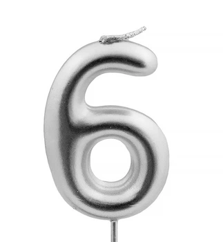 Свечи - цифры в торт "6", высота - 7 см, цвет - серебро (металлик)