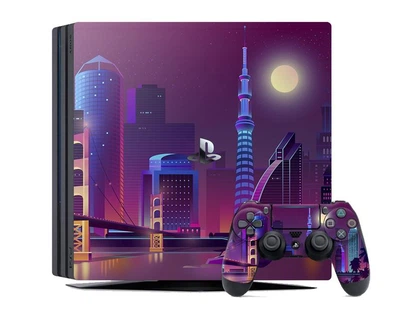 Виниловая наклейка на Sony PlayStation PS4 Slim консоль и контроллер с принтом ночной город, арт.700257