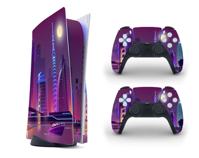 Виниловая наклейка на Sony PlayStation PS5 консоль и контроллер с принтом ночной город, арт.700361