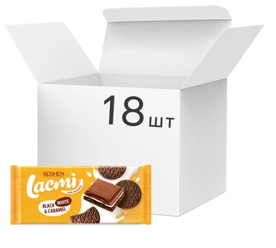 Упаковка шоколаду Roshen Lacmi Black, White & Caramel молочного з молочною начинкою, карамеллю і печивом з какао ВКФ 100 г х 18 шт (4823077633263_4823077633218)