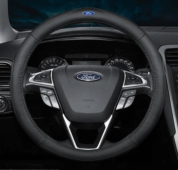 Чехол на руль оплетка DLCar для автомобиля Ford натуральная кожа черная