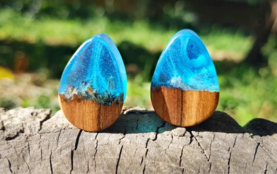 Вушні плаги каплі WoodWork дерев'яні зі смолою блакитні