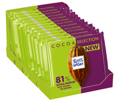 Упаковка насиченого темного шоколаду Ritter Sport Cocoa Selection 81% какао 12 шт. х 100 г (4000417938602)