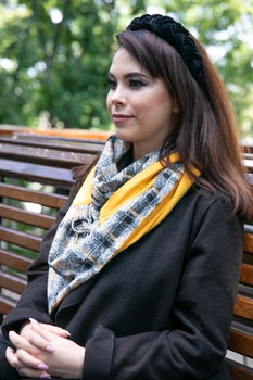 Шарф великий "Едінбург" теплий MyScarf універсальний сірий у клітку з жовтою підкладкою
