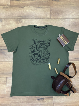Мужская футболка для охотника принт Морда кабана XL темный хаки