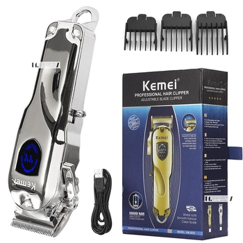 Машинка для стрижки волос и бороды профессиональная аккумуляторная с насадками металлическая с дисплеем Kemei Silver (KM-2010)