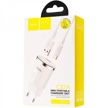 СЗУ 1USB Hoco C37A White + USB Cable Type-C (2.4A)