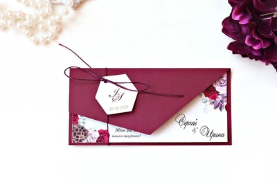 Пригласительные марсала с бирочкой, WP Wedding Pro, 1шт