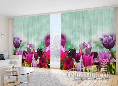 Фото Штори PHOTODECOR "Різнокольорові тюльпани на салатовий фоні"