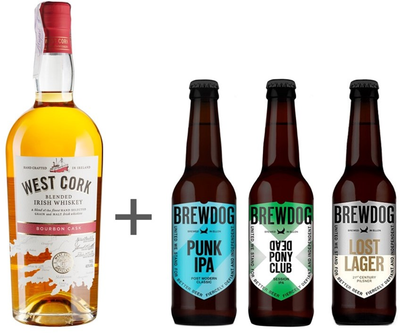 Набор виски бленд West Cork Bourbon Cask, 0.7 л 40% + Пиво BrewDog: Punk IPA, 0.33 л + Dead Pony Club, 0.33 л + Lost Lager, 0.33 л (1121000057340)