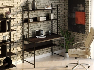 Стіл комп'ютерний письмовий з металевим каркасом в стилі Лофт (Loft) DrevoGoods посилений, прямий, робочий для дому та офісу 1000х750х600мм; метал: Чорний; дерево: Венге + стелаж з полицями (701|49)