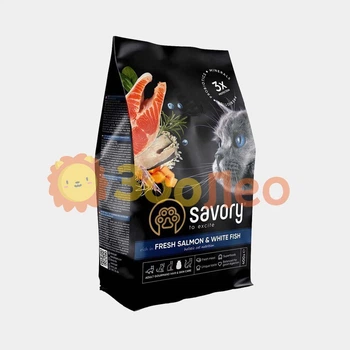 Сухой корм для длинношерстных кошек Savory со свежим лососем и белой рыбой 400 г