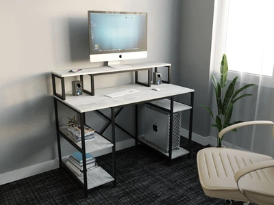 Стол компьютерный письменный с металлическим каркасом в стиле Лофт (Loft) DrevoGoods усиленный, прямой, рабочий для дома и офиса 1000х750х600мм; металл: Черный; дерево: Бетон + полка под системный блок (727|52)