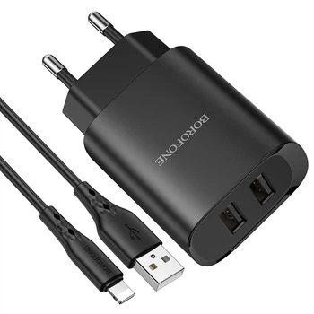 Зарядне мережеве BOROFONE BN2 Super fast (2USB 2.1A) Lightning Чорний