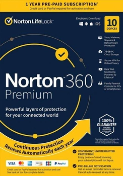Norton 360 Premium 75 GB для 1 пользователя, на 10 устройств, на 12 месяцев