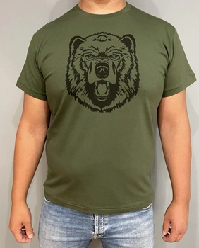 Мужская футболка для охотника принт Суровый медведь XL темный хаки