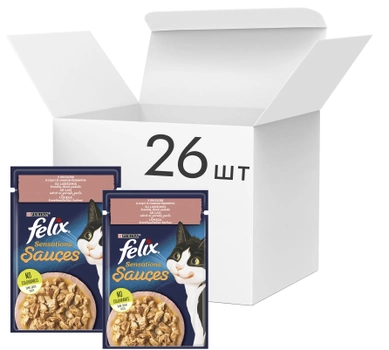 Упаковка влажного корма для котов Purina Felix Sensations Sauces с лососем в соусе со вкусом креветок 26 шт по 85 г (7613039836033)
