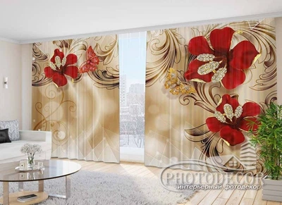 Фото Штори PHOTODECOR "Червоні квіти і стрази" 1 кв.м.