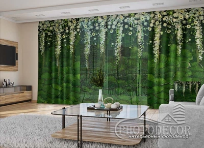 3D - Фото Шторы и тюль PHOTODECOR "Цветочные ламбрекены с листьями"