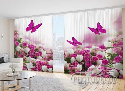 Фото Штори PHOTODECOR "Білі тюльпани з трояндами і метеликами"
