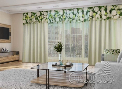 3D - Фото Шторы и тюль PHOTODECOR "Ламбрекены из хризантем" 1 кв.м