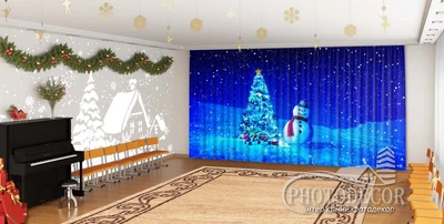 Новогодние Фото Шторы в детский сад PHOTODECOR "Снеговик и елка"