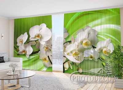 Фото Штори PHOTODECOR "3D Орхідеї на зеленому тлі"