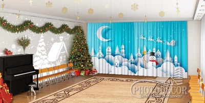 Новогодние Фото Шторы в детский сад PHOTODECOR "Снеговик и Дед Мороз на санях"
