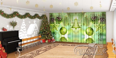 Новорічні Фото Штори в дитячий сад PHOTODECOR "Ялинкові ламбрекени і іграшки на зеленому фоні"