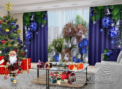 Новорічні Фото штори і тюль PHOTODECOR "Сині кулі і шишки"