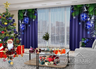Новорічні Фото штори і тюль PHOTODECOR "Сині кулі 1"