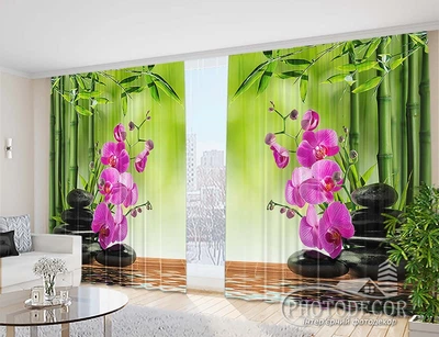 3D Фото Штори PHOTODECOR "Бамбук і малинові орхідеї на каменях"