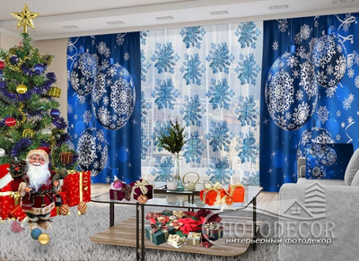 Новорічні Фото штори і тюль PHOTODECOR "Сині кулі і сніжинки"