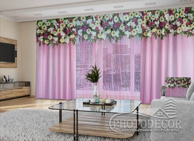 3D - Фото Шторы и тюль PHOTODECOR "Цветочные ламбрекены на розовом фоне"
