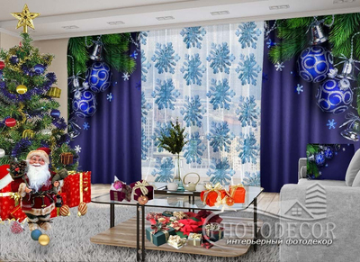 Новорічні Фото штори і тюль PHOTODECOR "Сині кулі c гілками ялинки і сніжинки"