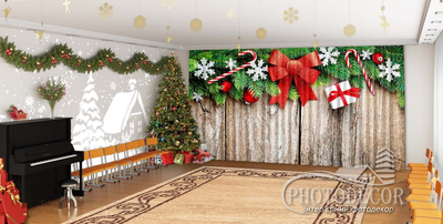 Новорічні Фото Штори в дитячий сад PHOTODECOR "Ялинкові ламбрекени на дерев'яному фоні"