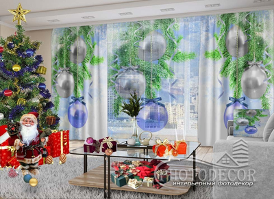 Новорічні Фото штори і тюль PHOTODECOR "Блакитні кулі на гілках"