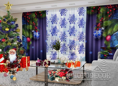 Новорічні Фото штори і тюль PHOTODECOR "Ялинкові іграшки та сніжинки"