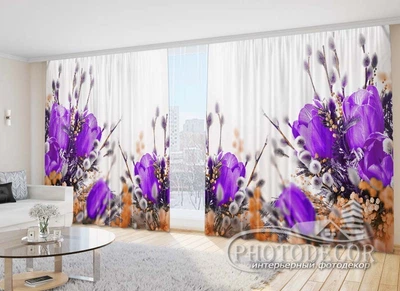 Фото Штори PHOTODECOR "Фіолетові тюльпани з котиками"