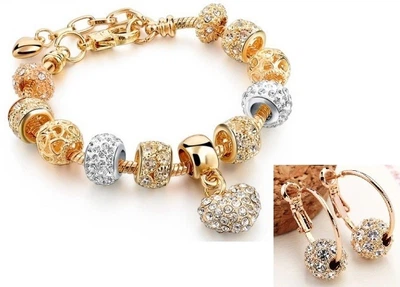 Браслет со стразами в стиле Пандора PANDORA "Шарм" Gold Charm 18 - 23 см Серьги Шарм в Подарок