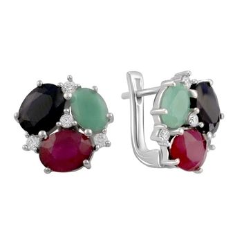 Серебряные серьги с натуральным сапфиром 4.05ct, изумрудом, рубином (2096610)