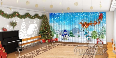 Новорічні Фото Штори в дитячий сад PHOTODECOR "Снігури та олені 1" 1 кв.м