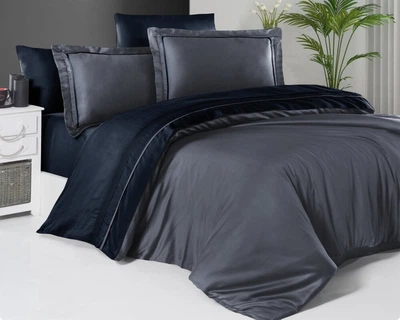 Турецкое постельное белье First Choice De luxe сатин Dark Series Serenity Dark Grey Navy Blue евро