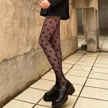 Черные колготы в сетку с сердечками S/L