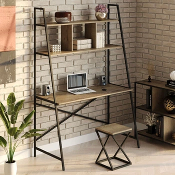 Стол компьютерный письменный с металлическим каркасом в стиле Лофт (Loft) DrevoGoods усиленный, прямой, рабочий для дома и офиса 1600х1800х600мм; металл: Черный; дерево: Аликанте темный + стеллаж с полками без табурета (896|45)
