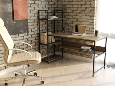 Стол компьютерный письменный с металлическим каркасом в стиле Лофт (Loft) DrevoGoods с полкой под системный блок усиленный, прямой, рабочий для дома и офиса 1200х750х600мм; металл: Черный; дерево: Дуб Сонома + стеллаж (793|61)