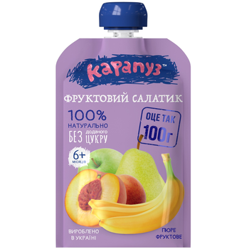 Пюре Карапуз Фруктовий салат з яблук, груш, персиків та бананів, 100г.