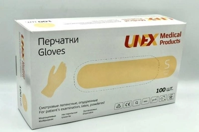 Перчатки медицинские смотровые UNEX латексные припудренные нестерильные гладкие 100 шт/уп S
